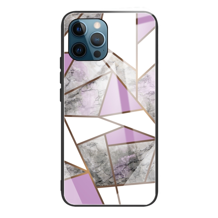 

Abstract Marble Pattern Glass Protective Case For iPhone 12 / 12 Pro(Rhombus Gray Purple)
