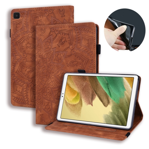 

For Samsung Galaxy Tab A7 Lite 8.7 (2021) T220 / T225 Calf Pattern Double Folding Design Embossed Leather Case with Holder & Card Slots & Pen Slot & Elastic Band(Brown)