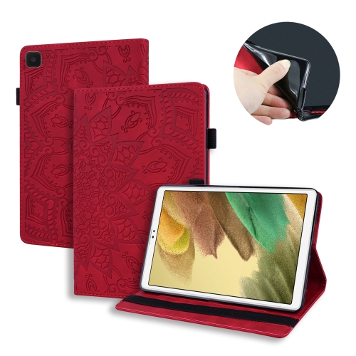 

For Samsung Galaxy Tab A7 Lite 8.7 (2021) T220 / T225 Calf Pattern Double Folding Design Embossed Leather Case with Holder & Card Slots & Pen Slot & Elastic Band(Red)