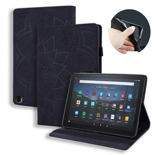 

For Amazon Fire HD 10 / 10 Plus (2021) Calf Pattern Double Folding Design Embossed Leather Case with Holder & Card Slots & Pen Slot & Elastic Band(Black)