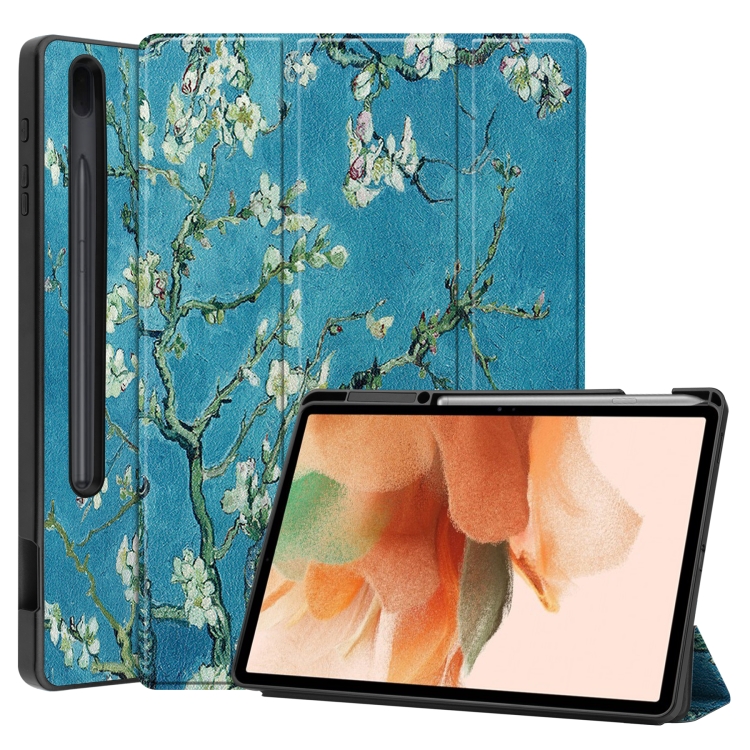 

For Samsung Galaxy Tab S7 Lite Colored Drawing Horizontal Flip TPU + PU Leather Case with Three-folding Holder & Sleep / Wake-up Function & Pen Slot(Apricot Flower)