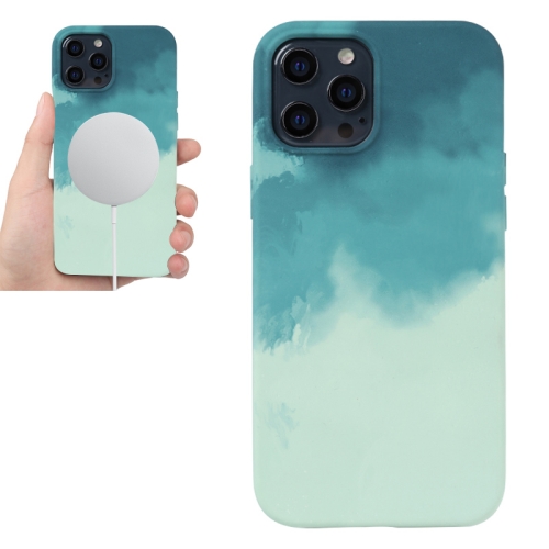 

Watercolor Pattern Full Coverage Shockproof Silicone Magsafe Case For iPhone 12 / 12 Pro(Turquoise Blue)