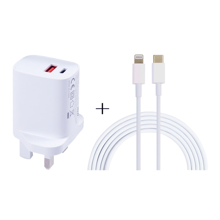

E087 20W USB-C / Type-C + USB Ports Charger with 100W Type-C to 8 Pin Fast Charging Cable 1m, UK Plug