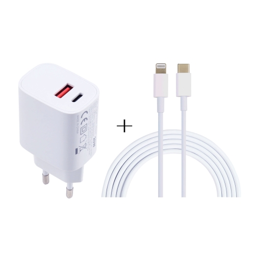 

T087 20W USB-C / Type-C + USB Ports Charger with 100W Type-C to 8 Pin Fast Charging Cable 1m, EU Plug