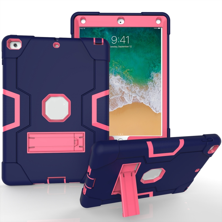 

Contrast Color Robot Shockproof Silicone + PC Protective Case with Holder For iPad 9.7 (2017) / (2018)(Navy Blue + Rose Red)