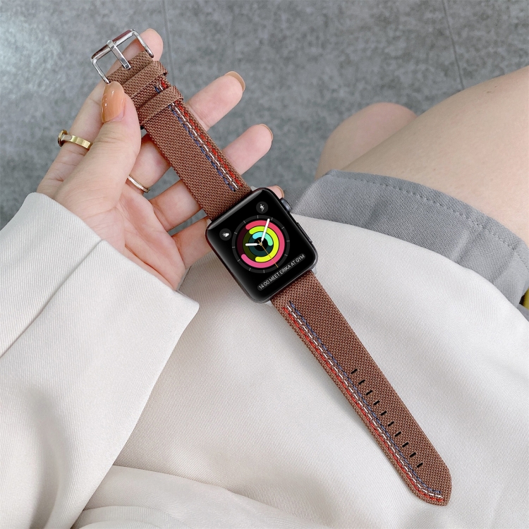 

Three Lines Canvas Replacement Strap Watchband For Apple Watch Series 6 & SE & 5 & 4 44mm / 3 & 2 & 1 42mm(Brown)