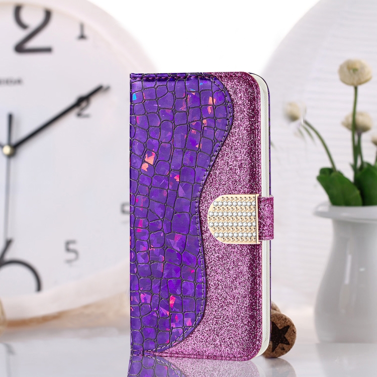 

For Samsung Galaxy A22 4G Laser Glitter Powder Matching Crocodile Texture Horizontal Flip Leather Case with Card Slots & Holder & Wallet(Purple)