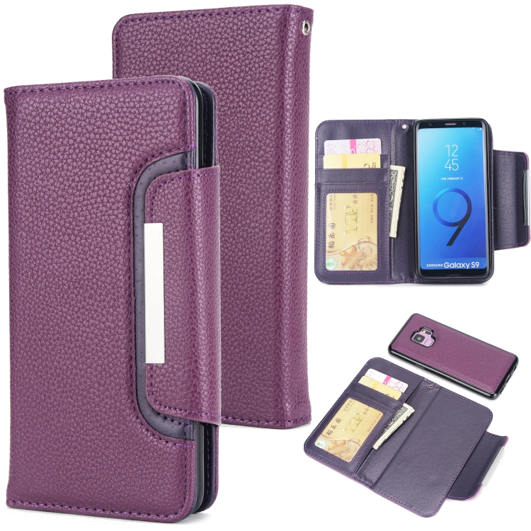 

For Samsung Galaxy S9 Litchi Texture Horizontal Flip Buckle Detachable Magnetic PU Leather Case with Card Slots & Wallet & Photo Frame(Purple)