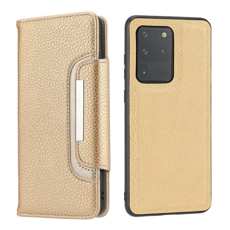 

For Samsung Galaxy S20 Ultra Litchi Texture Horizontal Flip Buckle Detachable Magnetic PU Leather Case with Card Slots & Wallet & Photo Frame(Gold)