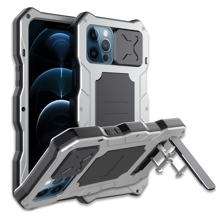 

Aluminum Alloy + Silicone Anti-dust Full Body Protection with Holder For iPhone 12 Pro Max(Silver)