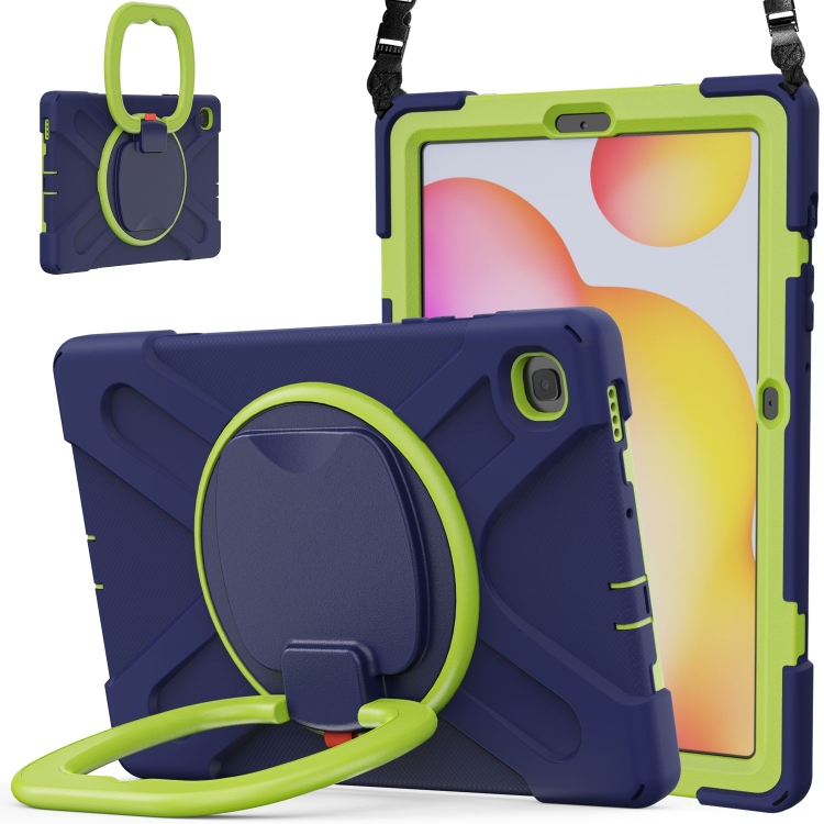 

For Samsung Galaxy Tab S6 Lite P610 Silicone + PC Protective Case with Holder & Shoulder Strap(Navy Blue+Yellow Green)