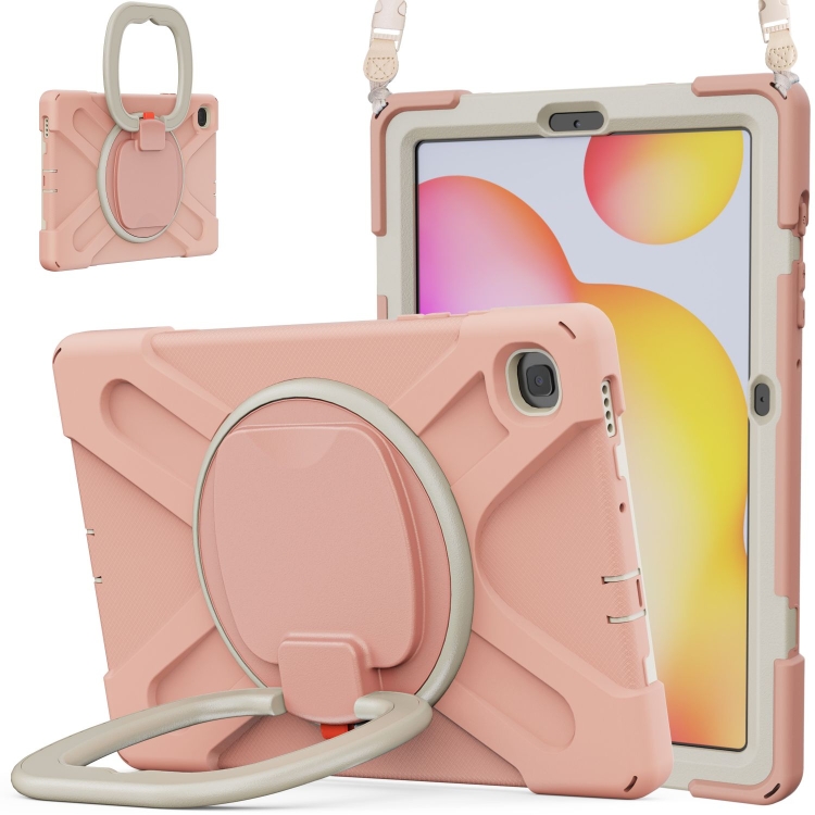 

For Samsung Galaxy Tab S6 Lite P610 Silicone + PC Protective Case with Holder & Shoulder Strap(Rose Gold)