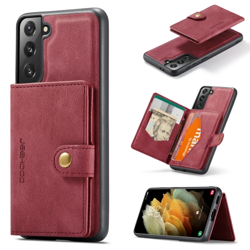 

For Samsung Galaxy S21 FE JEEHOOD Retro Magnetic Detachable Protective Case with Wallet & Card Slot & Holder(Red)