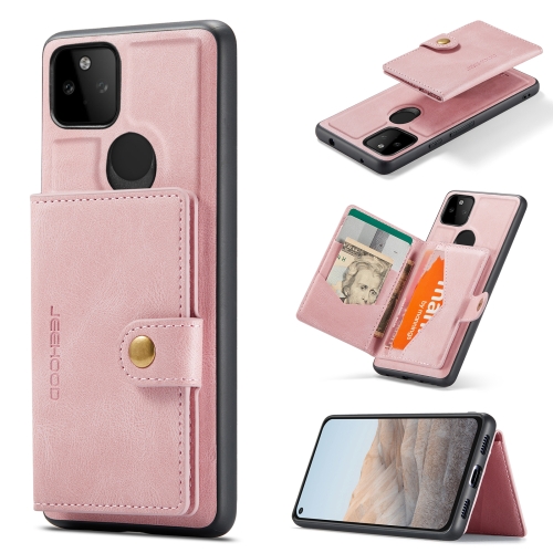 

For Google Pixel 5A 5G JEEHOOD Retro Magnetic Detachable Protective Case with Wallet & Card Slot & Holder(Pink)