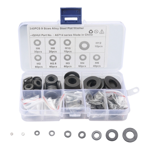 

A5714 340 PCS 9 Sizes Black Carbon Steel Flat Washers Set