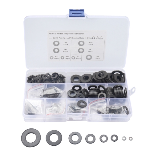 

A5715 480 PCS 8 Sizes Black Carbon Steel Flat Washers Set