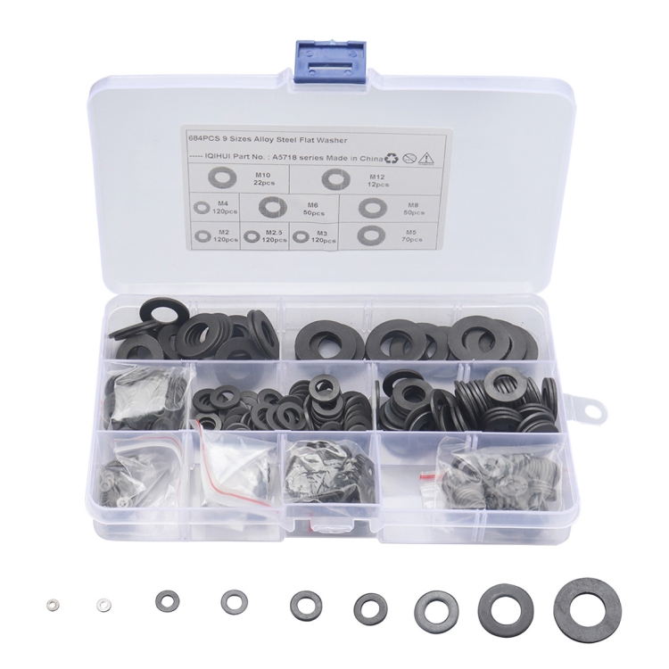 

A5718 684 PCS 9 Sizes Black Carbon Steel Flat Washers Set