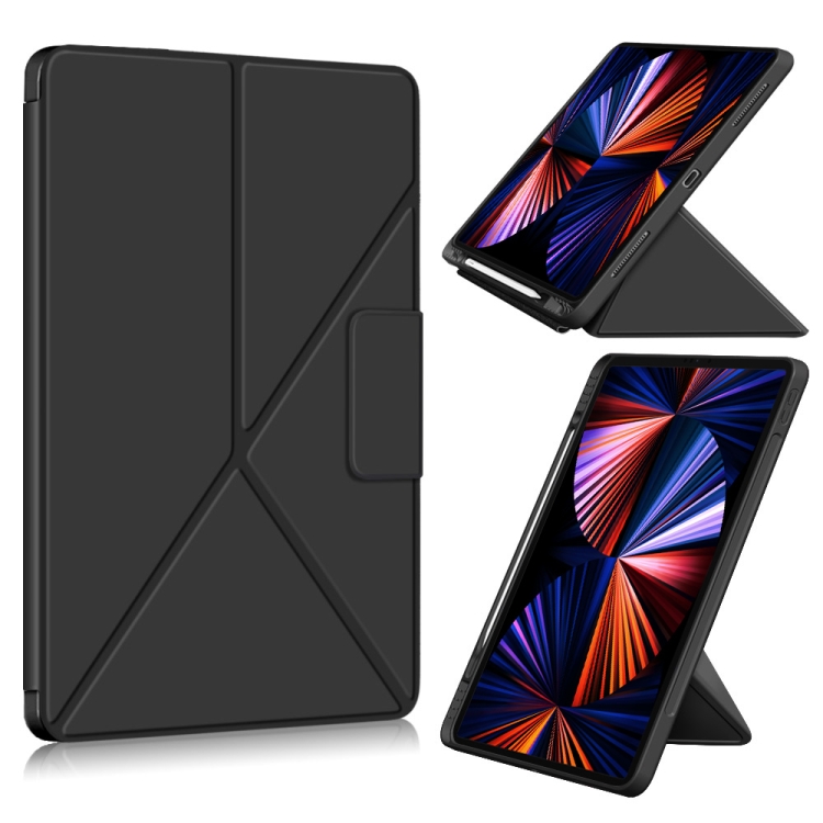 

For iPad Pro 12.9 (2021) Cloth Texture Multi-folding Horizontal Flip PU Leather Shockproof Case with Holder & Sleep / Wake-up Function(Black)