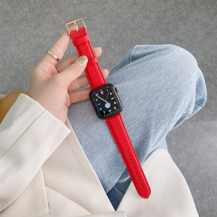 

For Series 6 & SE & 5 & 4 44mm / 3 & 2 & 1 42mm Sewing Thread Lychee Texture Leather Replacement Watchbands(Red)