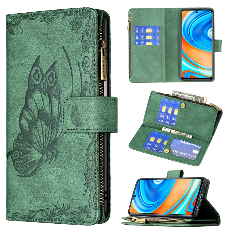 

For Xiaomi Redmi Note 9 Pro Max Flying Butterfly Embossing Pattern Zipper Horizontal Flip Leather Case with Holder & Card Slots & Wallet(Green)