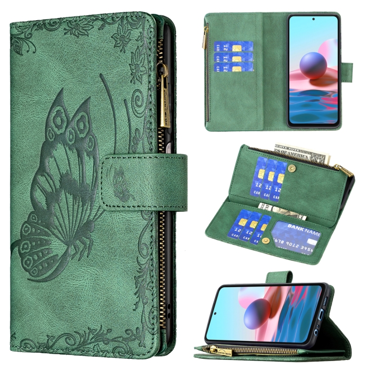 

For Xiaomi Redmi Note 10 4G Flying Butterfly Embossing Pattern Zipper Horizontal Flip Leather Case with Holder & Card Slots & Wallet(Green)