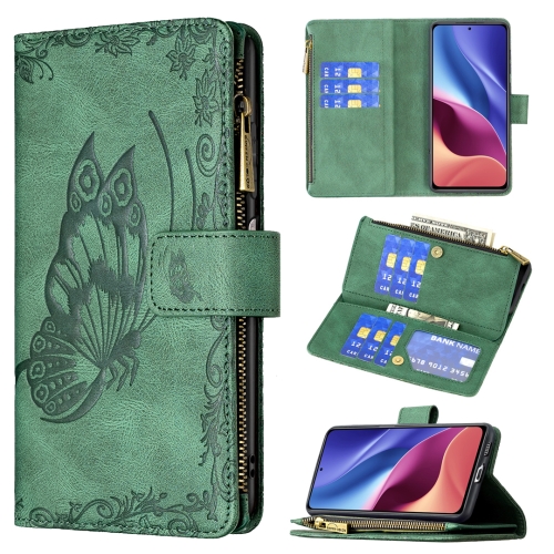 

For Xiaomi Mi 11i/Poco F3/Redmi K40 Flying Butterfly Embossing Pattern Zipper Horizontal Flip Leather Case with Holder & Card Slots & Wallet(Green)