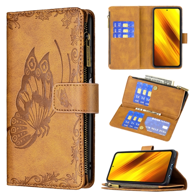 

For Xiaomi Poco X3 Flying Butterfly Embossing Pattern Zipper Horizontal Flip Leather Case with Holder & Card Slots & Wallet(Brown)