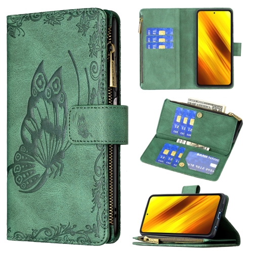 

For Xiaomi Poco X3 Flying Butterfly Embossing Pattern Zipper Horizontal Flip Leather Case with Holder & Card Slots & Wallet(Green)