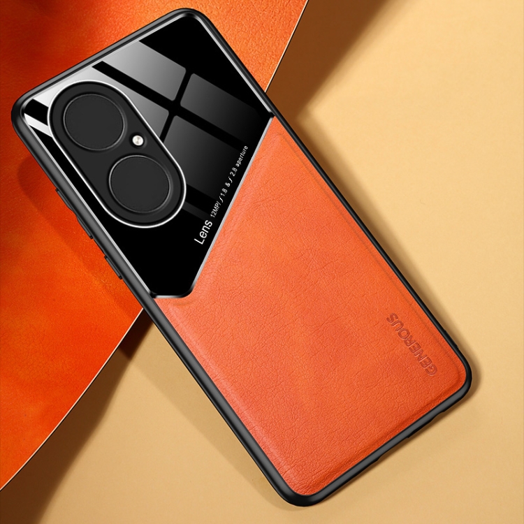 

For Huawei P50 All-inclusive Leather + Organic Glass Protective Case with Metal Iron Sheet(Yellow)