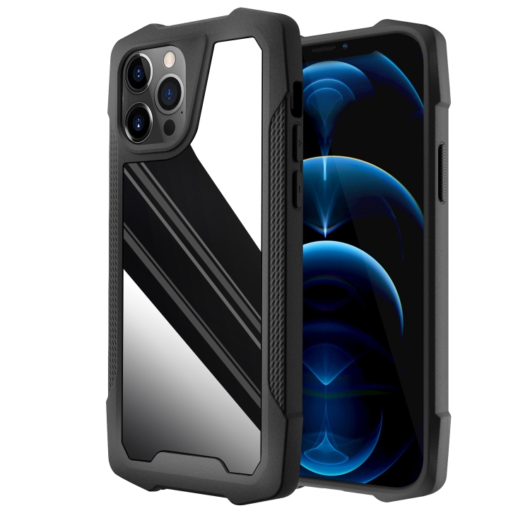 

Stainless Steel Metal PC Back Cover + TPU Heavy Duty Armor Shockproof Case For iPhone 12 / 12 Pro(Mirror Black)