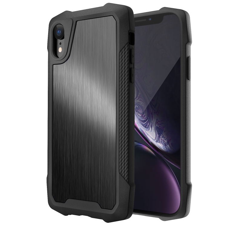 

Stainless Steel Metal PC Back Cover + TPU Heavy Duty Armor Shockproof Case For iPhone XR(Brush Black)