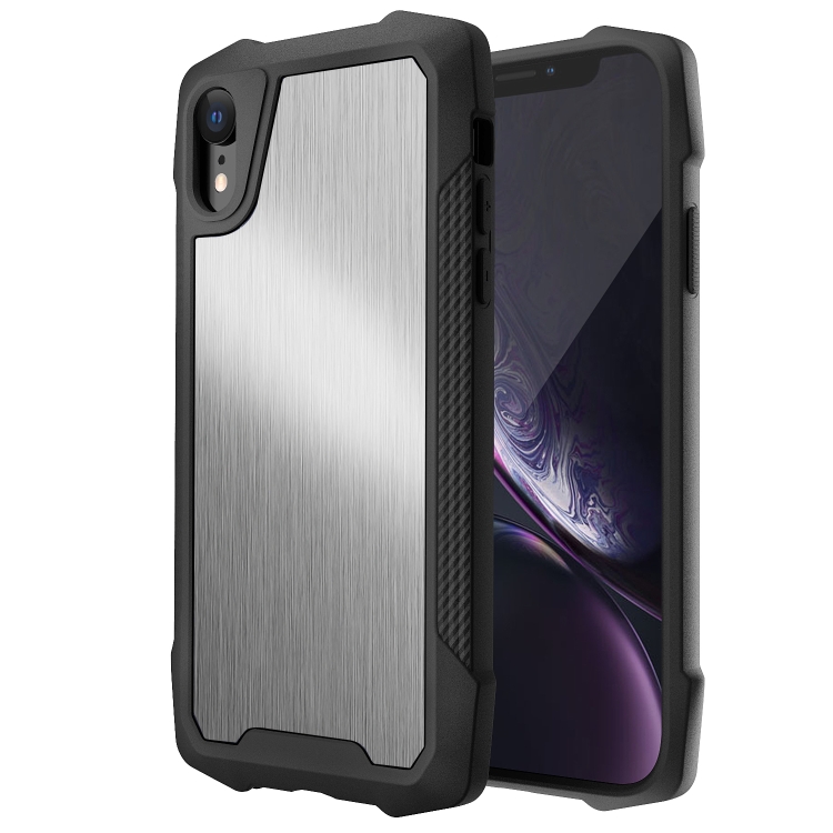 

Stainless Steel Metal PC Back Cover + TPU Heavy Duty Armor Shockproof Case For iPhone XR(Brush Silver)