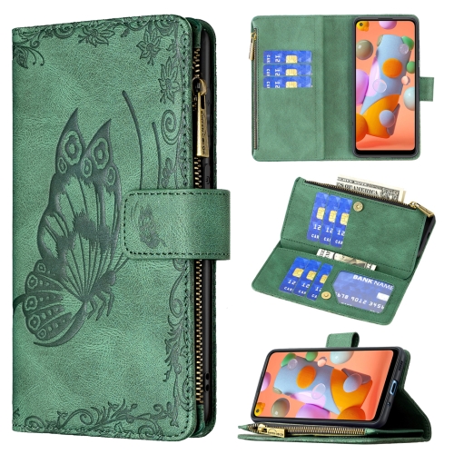 

For Samsung Galaxy A11 Flying Butterfly Embossing Pattern Zipper Horizontal Flip Leather Case with Holder & Card Slots & Wallet(Green)