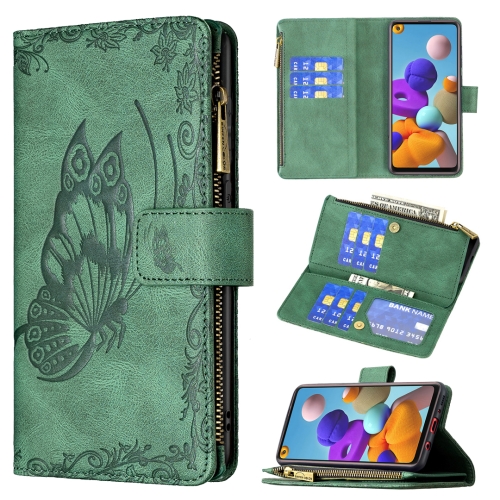 

For Samsung Galaxy A21s Flying Butterfly Embossing Pattern Zipper Horizontal Flip Leather Case with Holder & Card Slots & Wallet(Green)