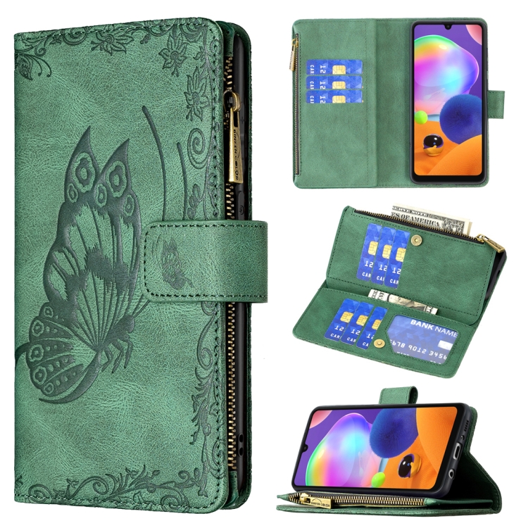 

For Samsung Galaxy A31 Flying Butterfly Embossing Pattern Zipper Horizontal Flip Leather Case with Holder & Card Slots & Wallet(Green)