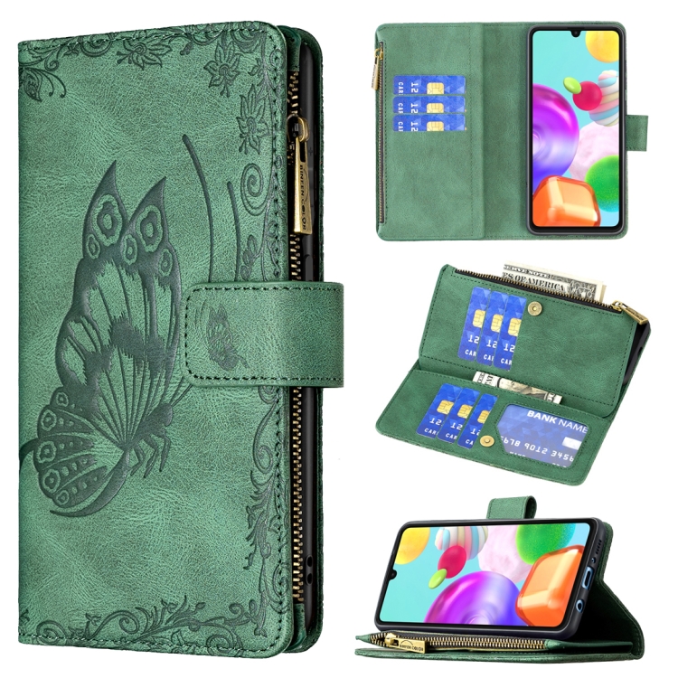 

For Samsung Galaxy A41 Flying Butterfly Embossing Pattern Zipper Horizontal Flip Leather Case with Holder & Card Slots & Wallet(Green)