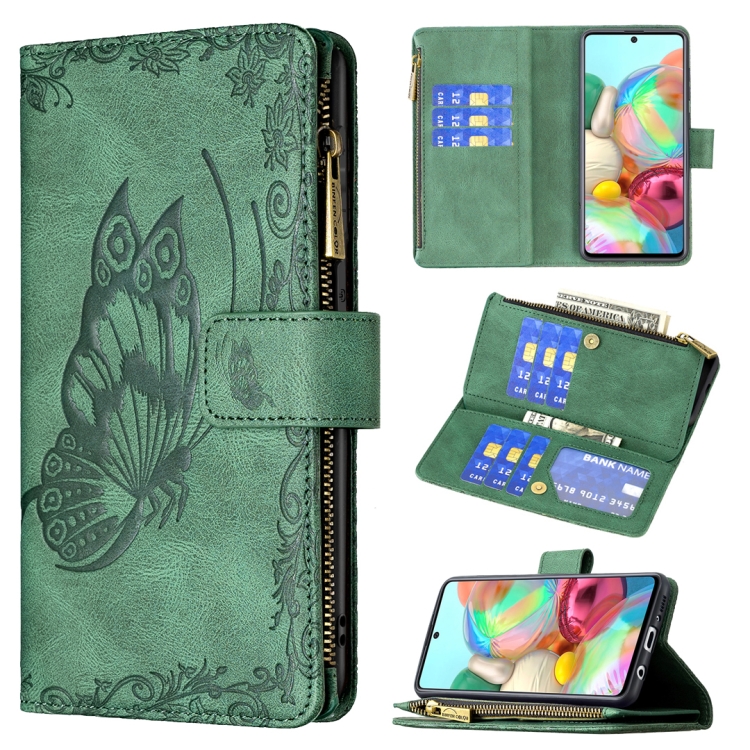 

For Samsung Galaxy A71 4G Flying Butterfly Embossing Pattern Zipper Horizontal Flip Leather Case with Holder & Card Slots & Wallet(Green)