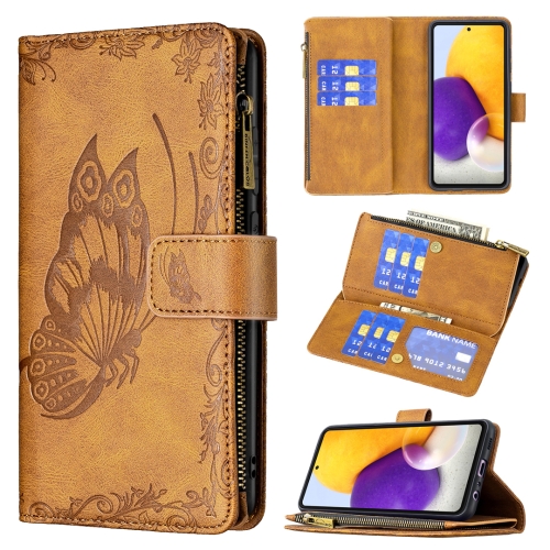 

For Samsung Galaxy A72 4G / 5G Flying Butterfly Embossing Pattern Zipper Horizontal Flip Leather Case with Holder & Card Slots & Wallet(Brown)