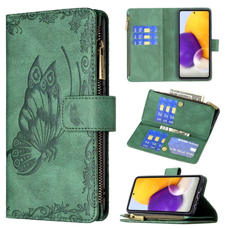 

For Samsung Galaxy A72 4G / 5G Flying Butterfly Embossing Pattern Zipper Horizontal Flip Leather Case with Holder & Card Slots & Wallet(Green)