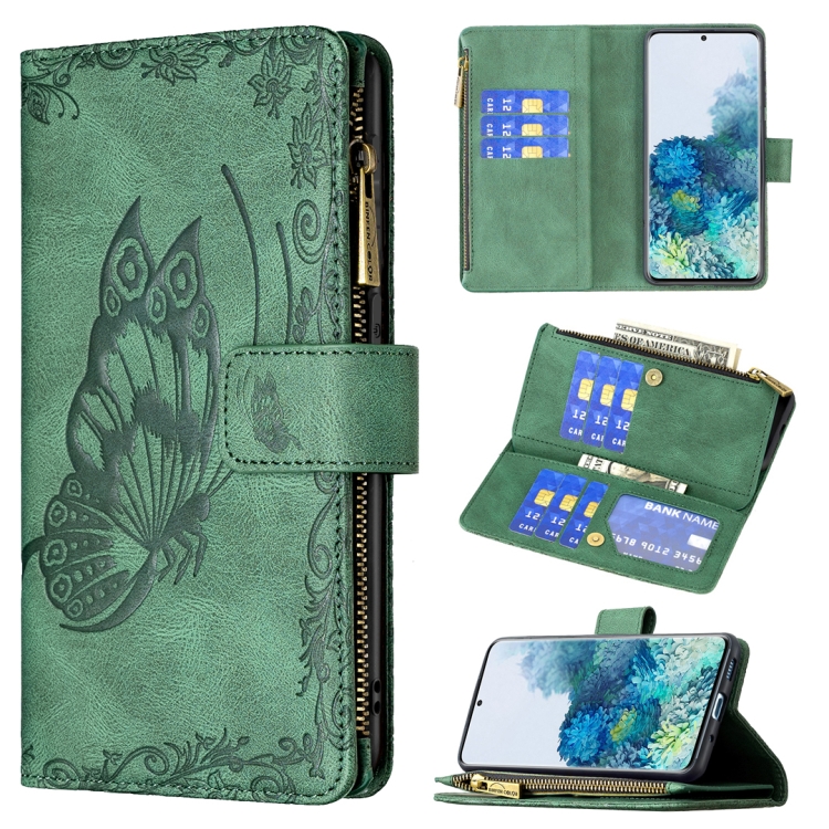 

For Samsung Galaxy S20 Plus Flying Butterfly Embossing Pattern Zipper Horizontal Flip Leather Case with Holder & Card Slots & Wallet(Green)
