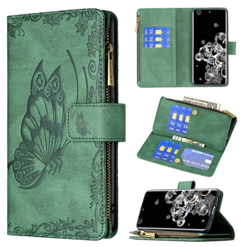 

For Samsung Galaxy S20 Ultra Flying Butterfly Embossing Pattern Zipper Horizontal Flip Leather Case with Holder & Card Slots & Wallet(Green)