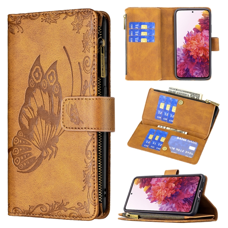 

For Samsung Galaxy S20 FE Flying Butterfly Embossing Pattern Zipper Horizontal Flip Leather Case with Holder & Card Slots & Wallet(Brown)