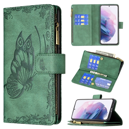 

For Samsung Galaxy S21+ 5G Flying Butterfly Embossing Pattern Zipper Horizontal Flip Leather Case with Holder & Card Slots & Wallet(Green)