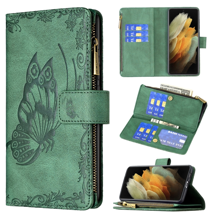 

For Samsung Galaxy S21 Ultra 5G Flying Butterfly Embossing Pattern Zipper Horizontal Flip Leather Case with Holder & Card Slots & Wallet(Green)