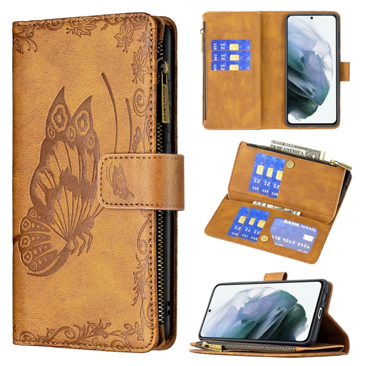 

For Samsung Galaxy S21 FE Flying Butterfly Embossing Pattern Zipper Horizontal Flip Leather Case with Holder & Card Slots & Wallet(Brown)