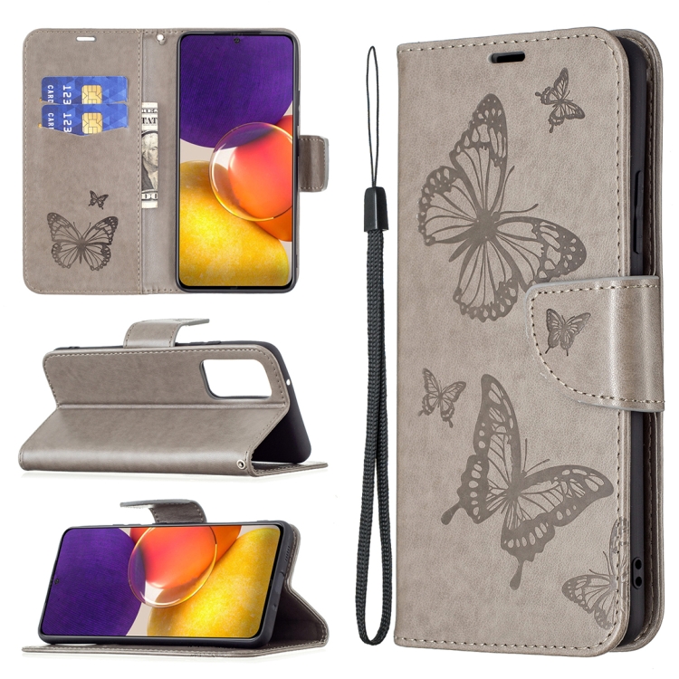 

For Samsung Galaxy A82 5G Embossing Two Butterflies Pattern Horizontal Flip PU Leather Case with Holder & Card Slot & Wallet & Lanyard(Gray)