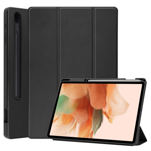 

For Samsung Galaxy Tab S7 Lite T730 / T735 / Tab S7 FE T736 Custer Pattern Pure Color TPU Smart Tablet Holster with Sleep Function & 3-Fold Holder & Pen Slot(Black)