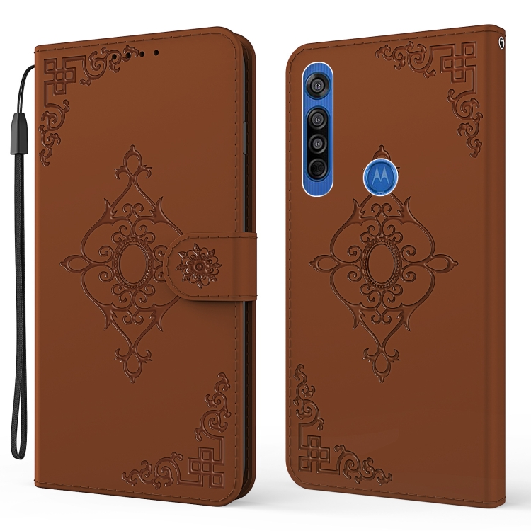 

For Motorola Moto G8 Embossed Fortune Flower Pattern Horizontal Flip Leather Case with Holder & Card Slot & Wallet & Lanyard(Brown)