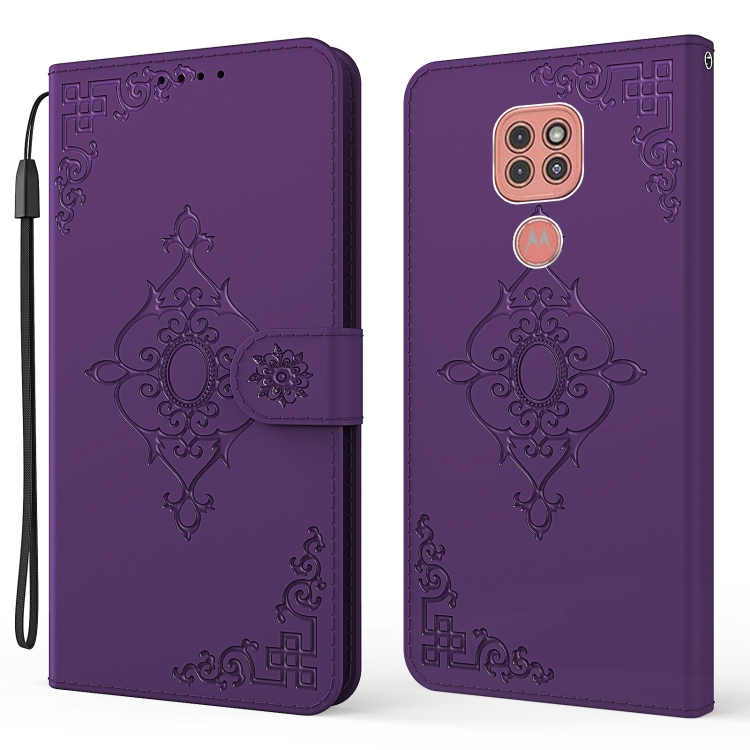 

For Motorola Moto G9 Play Embossed Fortune Flower Pattern Horizontal Flip Leather Case with Holder & Card Slot & Wallet & Lanyard(Purple)