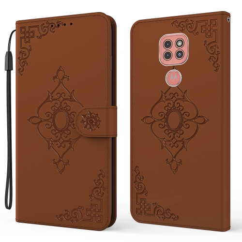 

For Motorola Moto G9 Play Embossed Fortune Flower Pattern Horizontal Flip Leather Case with Holder & Card Slot & Wallet & Lanyard(Brown)